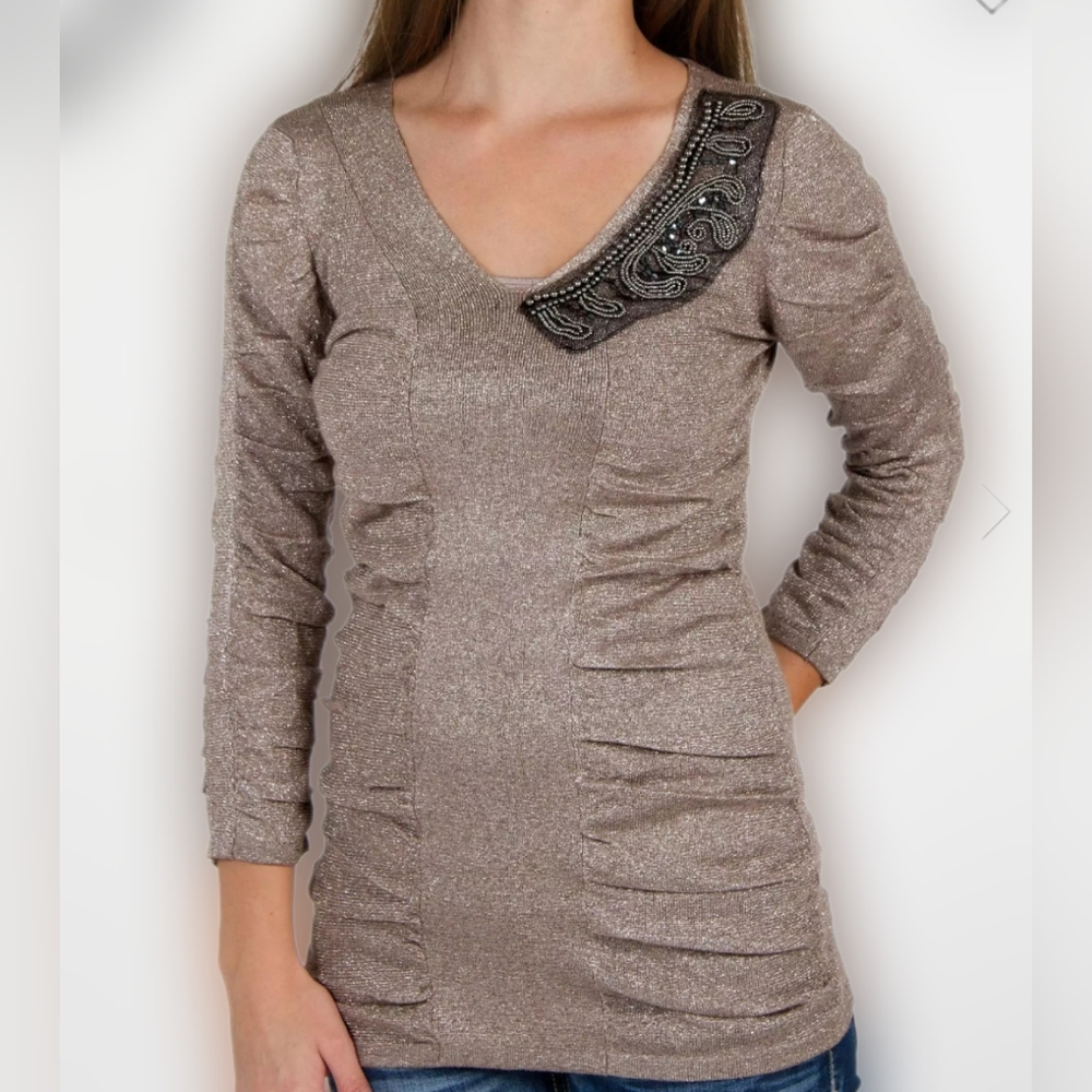 BKE Boutique metallic ruching lurex sweater